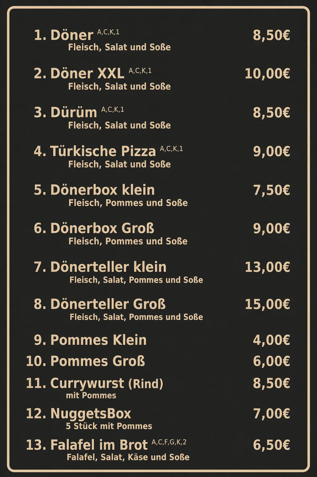 Speisekarte · Gerichte 1 bis 13
