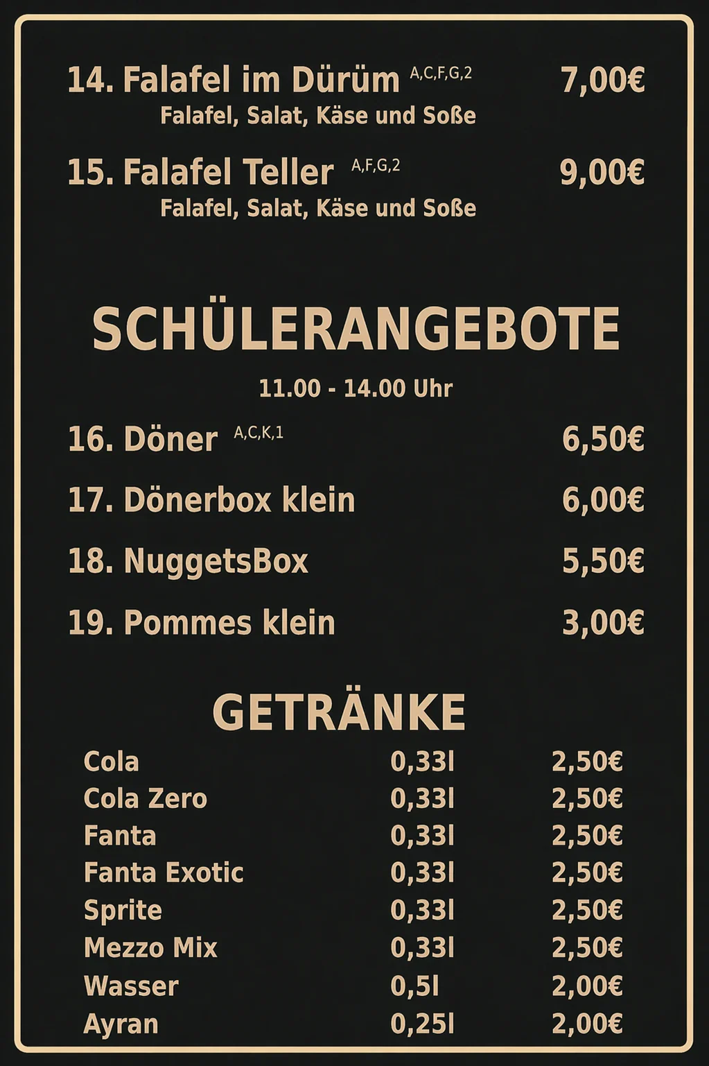 Speisekarte · Falafel, Schülerangebote, Getränke
